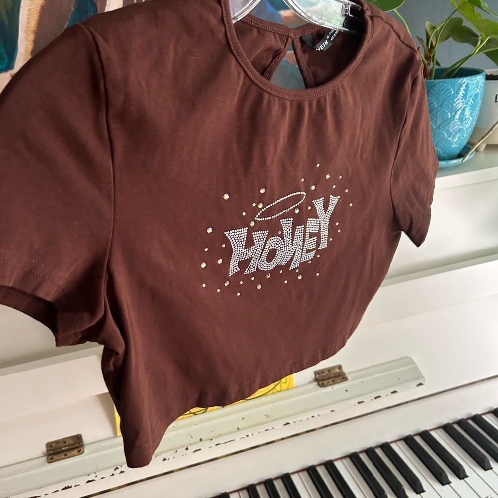 SHEIN Brown Crop Top with Rhinestone 'Honey' Design L - Picture 6 of 16